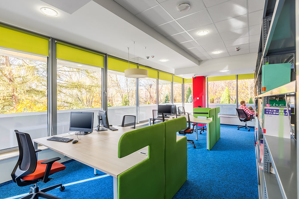 Roller blinds in a modern office